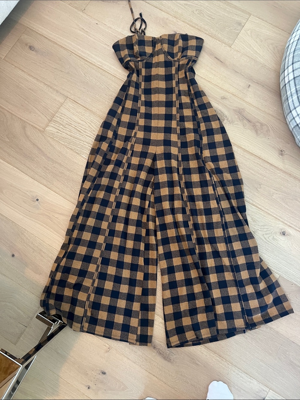 Strapless Wide-Leg Jumpsuit in Black and Tan Plaid